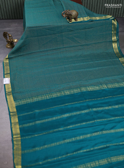 Pure mysore silk saree peacock green with allover small zari checked pattern and zari woven border