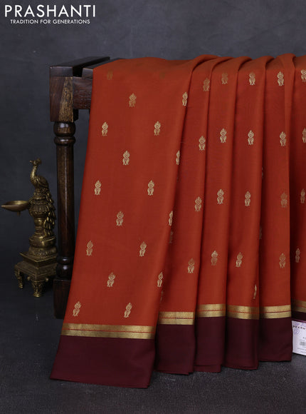 Pure mysore silk saree rust shade and coffee brown with zari woven buttas and zari woven simple border