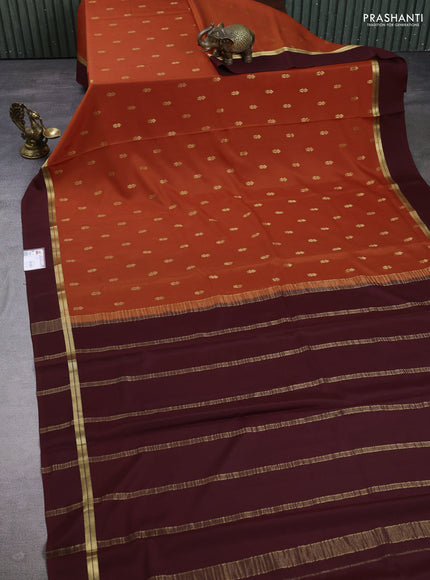 Pure mysore silk saree rust shade and coffee brown with zari woven buttas and zari woven simple border