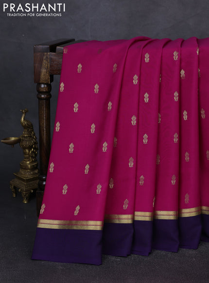Pure mysore silk saree magenta pink and dark blue with zari woven buttas and zari woven simple border
