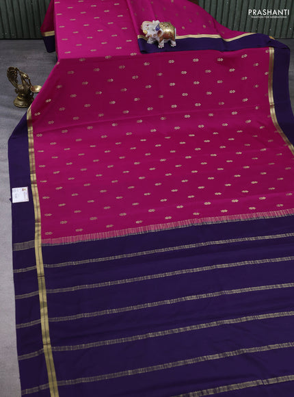 Pure mysore silk saree magenta pink and dark blue with zari woven buttas and zari woven simple border