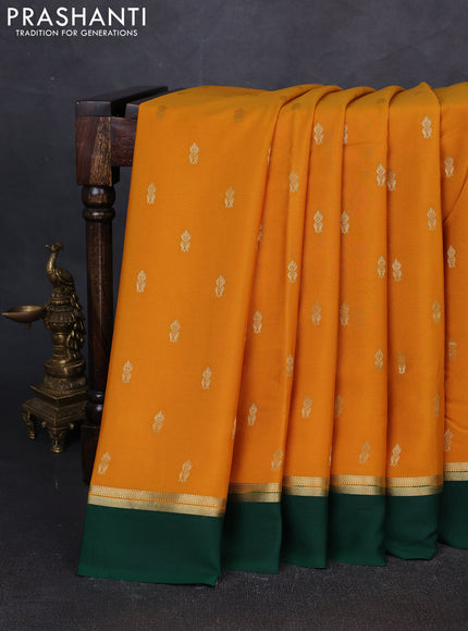 Pure mysore silk saree mustard yellow and green with zari woven buttas and zari woven simple border