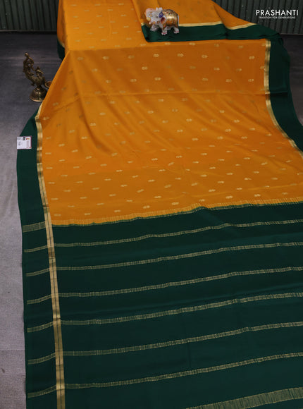 Pure mysore silk saree mustard yellow and green with zari woven buttas and zari woven simple border