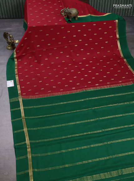 Pure mysore silk saree red and green with zari woven buttas and zari woven simple border