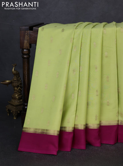Pure mysore silk saree pista green and pink with zari woven buttas and zari woven simple border