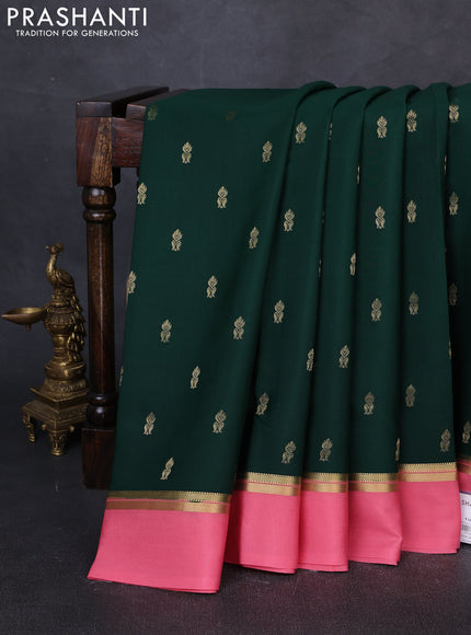 Pure mysore silk saree dark green and peach pink with zari woven buttas and zari woven simple border