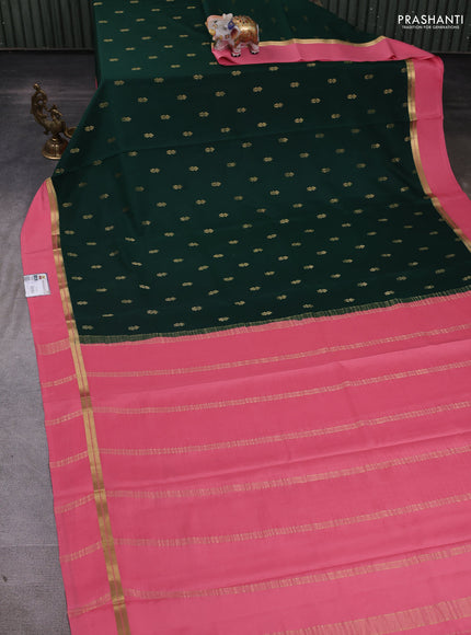 Pure mysore silk saree dark green and peach pink with zari woven buttas and zari woven simple border