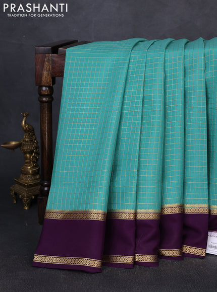 Pure mysore silk saree pastel green shade and purple with allover small zari checked pattern and rettapet zari woven border