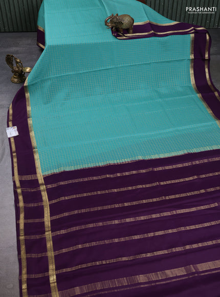 Pure mysore silk saree pastel green shade and purple with allover small zari checked pattern and rettapet zari woven border