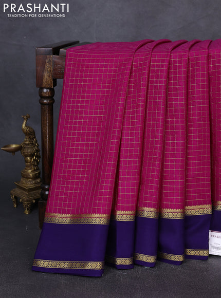 Pure mysore silk saree rani pink and dark blue with allover small zari checked pattern and rettapet zari woven border