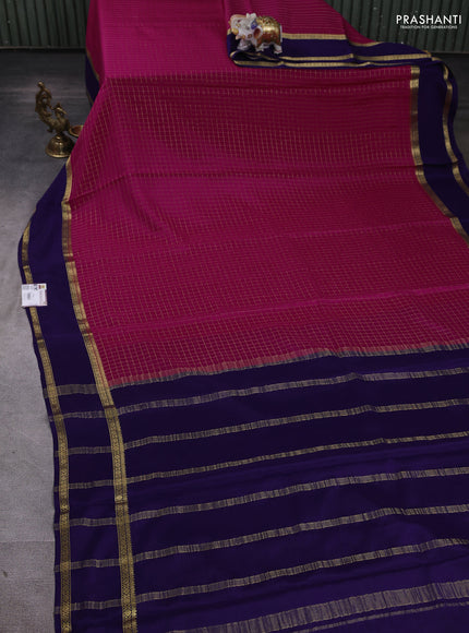 Pure mysore silk saree rani pink and dark blue with allover small zari checked pattern and rettapet zari woven border