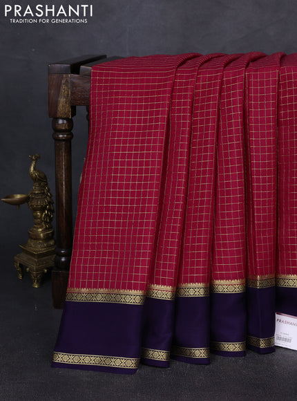 Pure mysore silk saree dark pink and dark blue with allover small zari checked pattern and rettapet zari woven border