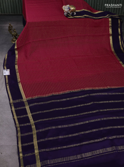 Pure mysore silk saree dark pink and dark blue with allover small zari checked pattern and rettapet zari woven border