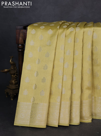 Chiniya silk saree pale yellow with allover zari woven buttas and zari woven border