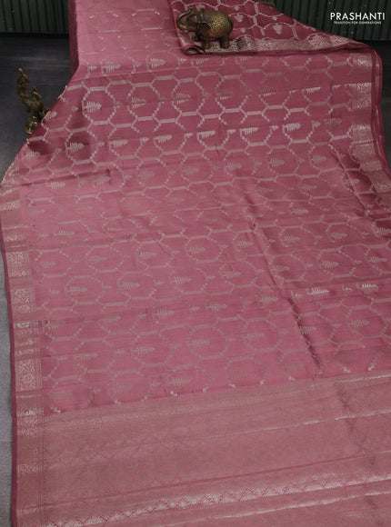 Chiniya silk saree dark peach with allover zari weaves and zari woven border