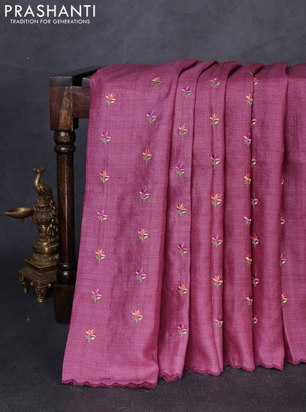 Pure tussar silk saree wine shade with embroidery buttas and scallop embroidery border