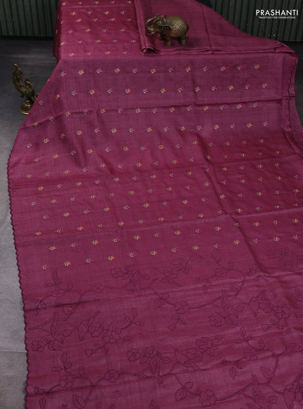 Pure tussar silk saree wine shade with embroidery buttas and scallop embroidery border