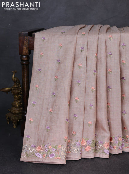 Pure tussar silk saree beige with embroidery buttas and embroidery border
