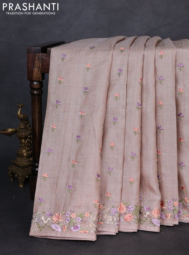Pure tussar silk saree beige with embroidery buttas and embroidery border