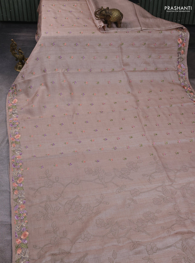 Pure tussar silk saree beige with embroidery buttas and embroidery border