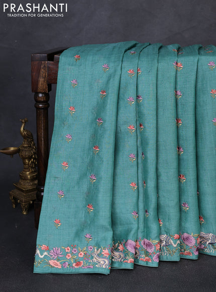 Pure tussar silk saree teal green with embroidery buttas and embroidery border
