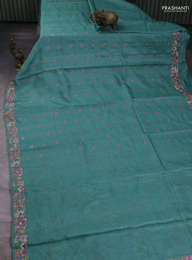 Pure tussar silk saree teal green with embroidery buttas and embroidery border