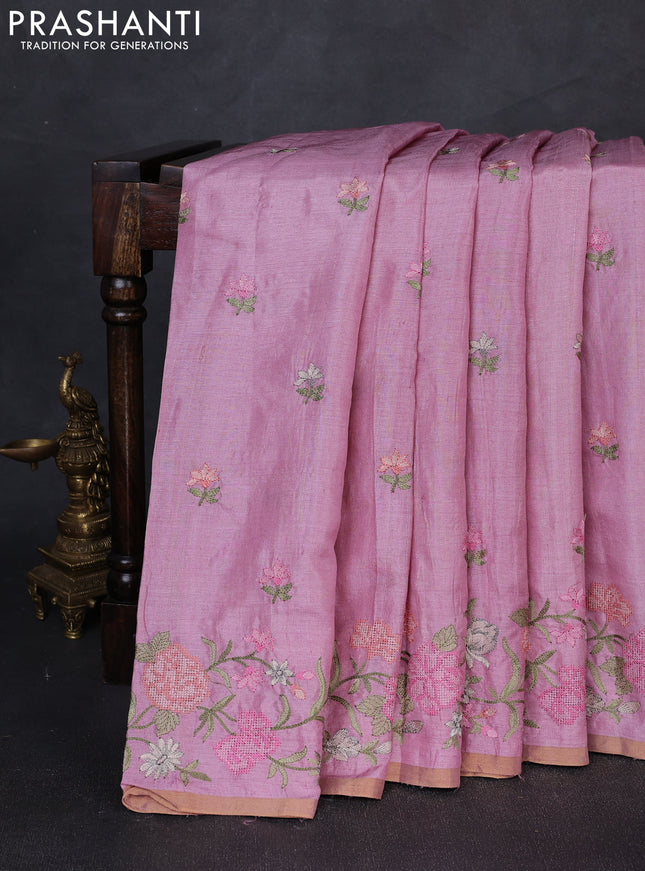 Pure tussar silk saree light pink with embroidery buttas and floral embroidery border
