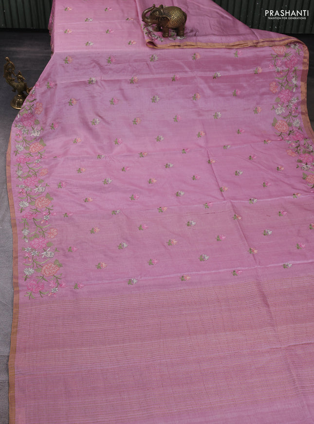 Pure tussar silk saree light pink with embroidery buttas and floral embroidery border