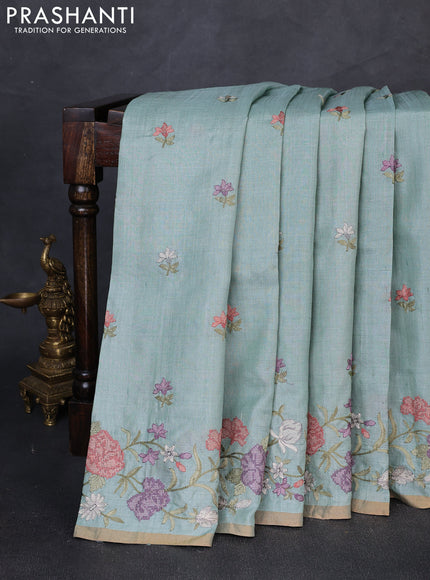 Pure tussar silk saree pastel green shade with embroidery buttas and floral embroidery border