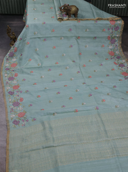 Pure tussar silk saree pastel green shade with embroidery buttas and floral embroidery border