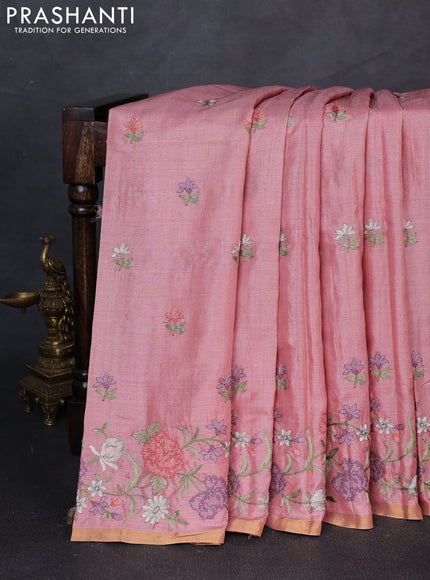 Pure tussar silk saree mild peach pink with embroidery buttas and floral embroidery border