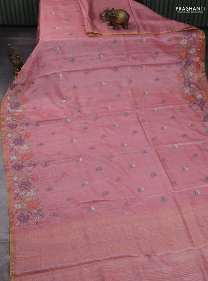 Pure tussar silk saree mild peach pink with embroidery buttas and floral embroidery border