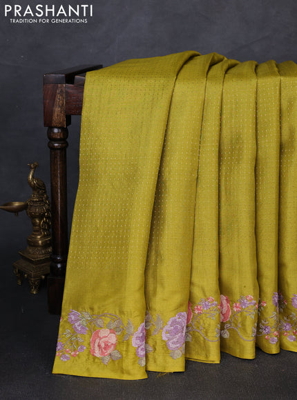 Pure tussar silk saree mustard yellow with allover zari woven buttas and floral embroidery border