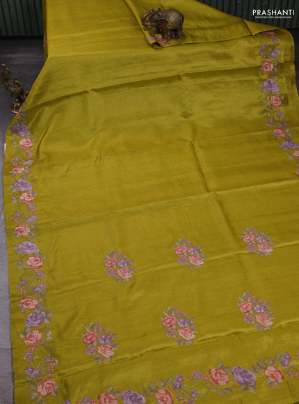 Pure tussar silk saree mustard yellow with allover zari woven buttas and floral embroidery border