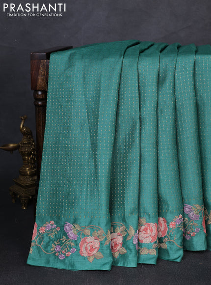 Pure tussar silk saree teal green with allover zari woven buttas and floral embroidery border