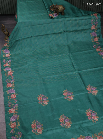 Pure tussar silk saree teal green with allover zari woven buttas and floral embroidery border