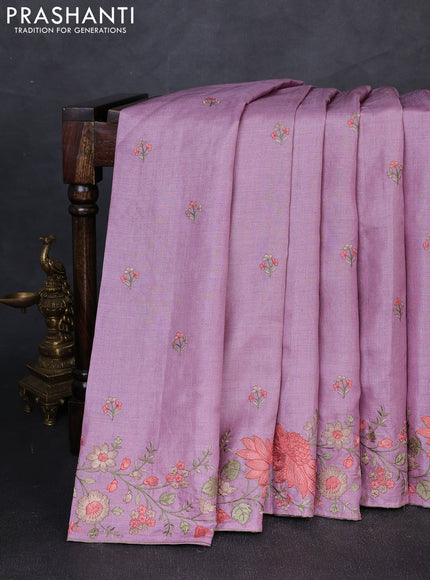 Pure tussar silk saree mild lavender with embroidery buttas and floral embroidery border