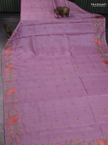 Pure tussar silk saree mild lavender with embroidery buttas and floral embroidery border