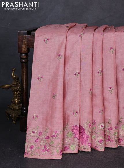 Pure tussar silk saree peach shade with embroidery buttas and floral embroidery border