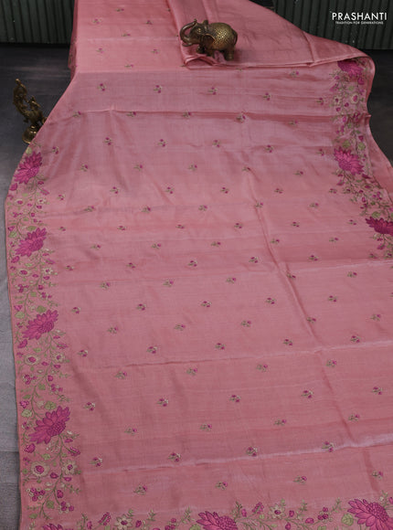 Pure tussar silk saree peach shade with embroidery buttas and floral embroidery border