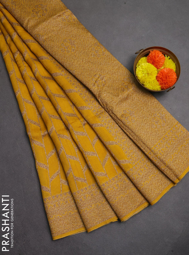 Banarasi semi raw silk saree mustard yellow with allover thread & zari weaves and woven border
