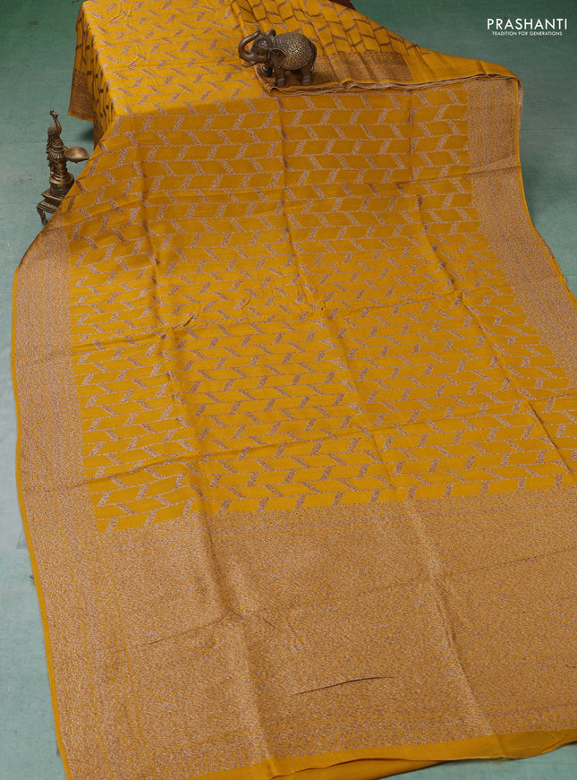 Banarasi semi raw silk saree mustard yellow with allover thread & zari weaves and woven border