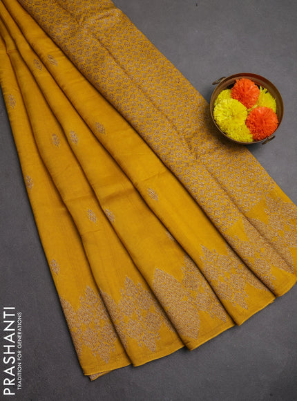 Banarasi semi raw silk saree mustard yellow with thread & zari woven buttas and woven border