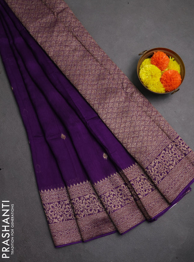 Banarasi semi raw silk saree violet with thread & zari woven buttas and woven border