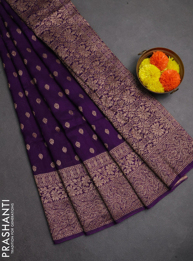 Banarasi semi raw silk saree violet with thread & zari woven buttas and woven border