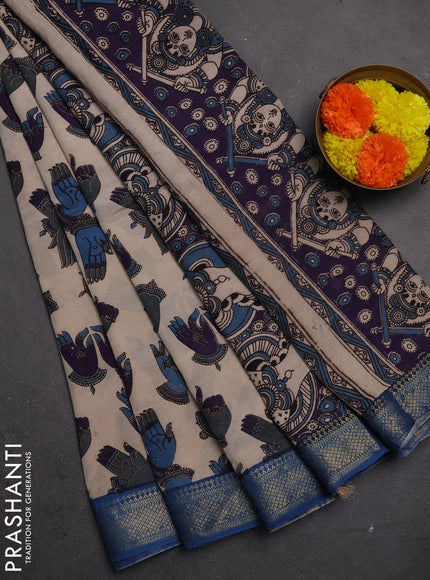 Kalamkari semi silk saree beige and blue with allover butta prints and mangalgiri border