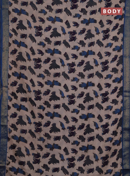 Kalamkari semi silk saree beige and blue with allover butta prints and mangalgiri border