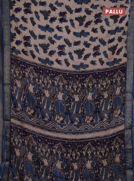 Kalamkari semi silk saree beige and blue with allover butta prints and mangalgiri border