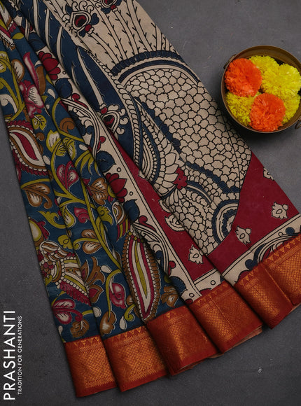 Kalamkari semi silk saree peacock blue and rust shade with allover prints and mangalgiri border
