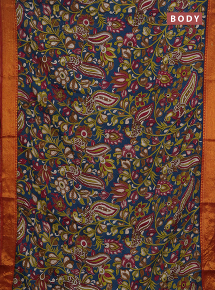 Kalamkari semi silk saree peacock blue and rust shade with allover prints and mangalgiri border
